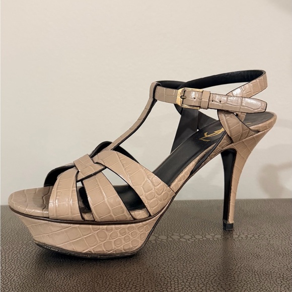 YSL Taupe Strappy Women's Heels - Picture 2 of 6